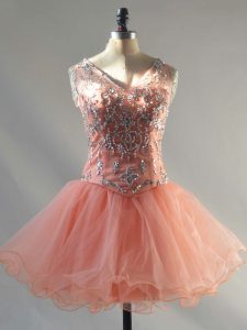 Traditional V-neck Sleeveless Prom Gown Mini Length Beading Peach Tulle