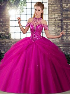  Fuchsia Lace Up Halter Top Beading and Pick Ups Quinceanera Gowns Tulle Sleeveless Brush Train