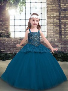 Fancy Blue Ball Gowns Beading Kids Formal Wear Lace Up Tulle Sleeveless Floor Length