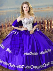 Deluxe Blue Satin Lace Up Sweet 16 Dress Sleeveless Floor Length Beading and Embroidery
