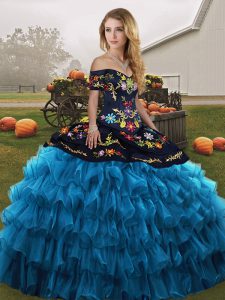  Embroidery and Ruffled Layers Quinceanera Gowns Blue And Black Lace Up Sleeveless Floor Length