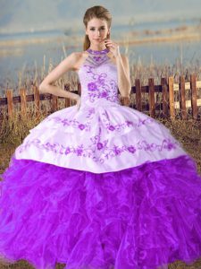 Custom Made Sleeveless Organza Floor Length Court Train Lace Up Quinceanera Gown in Purple with Embroidery and Ruffles