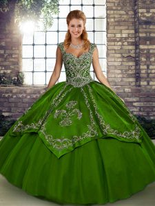 Shining Straps Sleeveless Quinceanera Dress Floor Length Beading and Embroidery Olive Green Tulle
