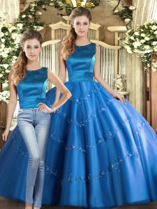 Modest Sleeveless Floor Length Appliques Lace Up Quinceanera Gowns with Blue