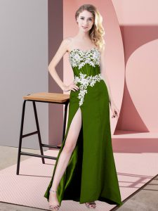  Floor Length Zipper Prom Dress Olive Green for Prom and Party and Military Ball with Lace and Appliques