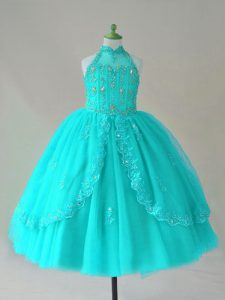 Graceful Aqua Blue Ball Gowns Beading and Appliques Girls Pageant Dresses Lace Up Tulle Sleeveless Floor Length