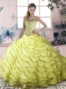 Graceful Yellow Green Ball Gowns Halter Top Sleeveless Organza Brush Train Lace Up Beading and Ruffled Layers Quinceanera Dress