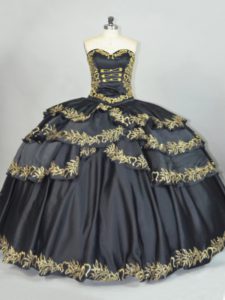  Satin Sweetheart Sleeveless Lace Up Embroidery Quince Ball Gowns in Black
