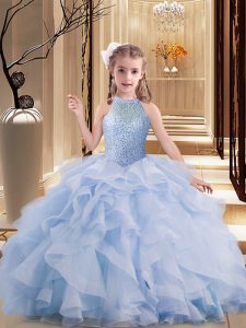  Lavender Lace Up Pageant Gowns For Girls Beading Sleeveless Brush Train