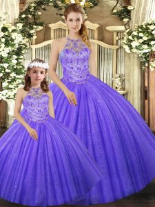 Eye-catching Halter Top Sleeveless Ball Gown Prom Dress Floor Length Beading Lavender Tulle
