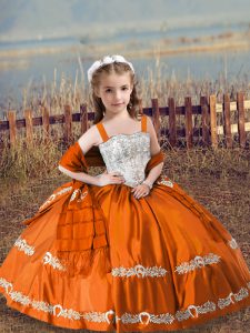 Super Orange Red Satin Lace Up Little Girl Pageant Dress Sleeveless Floor Length Beading and Embroidery