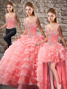  Sleeveless Beading and Ruffled Layers Lace Up Vestidos de Quinceanera with Watermelon Red Court Train