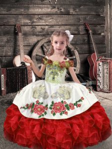 Hot Selling Off The Shoulder Sleeveless Lace Up Little Girl Pageant Gowns White And Red Organza