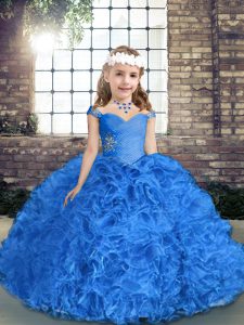  Floor Length Ball Gowns Sleeveless Royal Blue Child Pageant Dress Lace Up