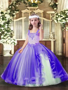  Lavender Sleeveless Floor Length Beading Lace Up Kids Pageant Dress