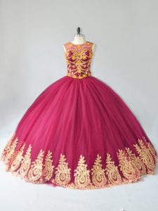 Fashionable Burgundy Tulle Lace Up Quinceanera Dress Sleeveless Floor Length Appliques