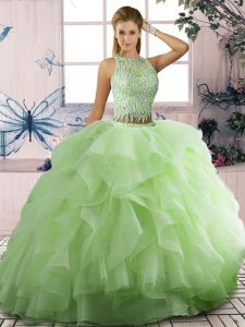 Fitting Yellow Green Two Pieces Beading and Ruffles Quinceanera Gown Lace Up Tulle Sleeveless Floor Length