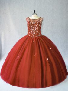  Ball Gowns Vestidos de Quinceanera Rust Red Scoop Tulle Sleeveless Floor Length Lace Up