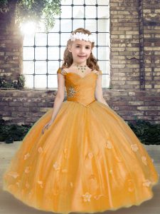  Beading and Hand Made Flower Little Girls Pageant Dress Gold Lace Up Sleeveless Floor Length