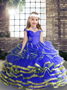 Graceful Ball Gowns Child Pageant Dress Blue Sweetheart Tulle Sleeveless Floor Length Lace Up