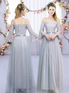 Affordable Floor Length Lace Up Quinceanera Dama Dress Grey for Wedding Party with Lace and Belt