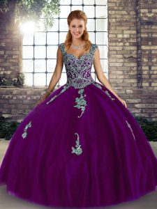  Sleeveless Floor Length Beading and Appliques Lace Up Quinceanera Dresses with Purple