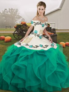 Fantastic Off The Shoulder Sleeveless Sweet 16 Dresses Floor Length Embroidery and Ruffles Turquoise Tulle