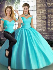  Floor Length Aqua Blue Ball Gown Prom Dress Tulle Sleeveless Beading