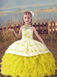 Fashionable Gold Halter Top Lace Up Beading and Embroidery and Ruffles Kids Pageant Dress Sleeveless