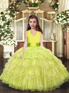  Yellow Green Sleeveless Ruffled Layers Floor Length Kids Formal Wear