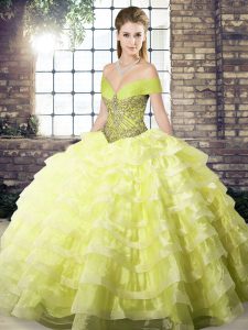  Organza Off The Shoulder Sleeveless Brush Train Lace Up Beading and Ruffled Layers Quinceanera Dress in Yellow