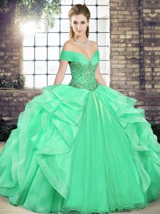  Apple Green Off The Shoulder Neckline Beading and Ruffles Quince Ball Gowns Sleeveless Lace Up