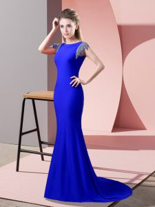 Custom Fit High-neck Short Sleeves Brush Train Backless Dress for Prom Royal Blue Elastic Woven Satin