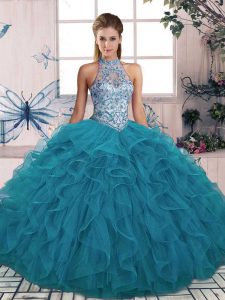  Halter Top Sleeveless Tulle Ball Gown Prom Dress Beading and Ruffles Lace Up
