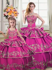 Enchanting Fuchsia Satin and Organza Lace Up Sweetheart Sleeveless Floor Length Quince Ball Gowns Ruffled Layers