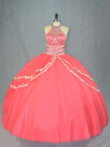 Traditional Floor Length Lace Up Quince Ball Gowns Watermelon Red for Sweet 16 and Quinceanera with Beading and Ruffles