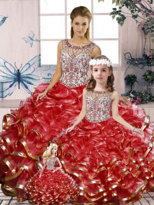  Red Ball Gowns Scoop Sleeveless Organza Floor Length Lace Up Beading and Ruffles 15th Birthday Dress