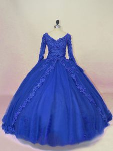 Flare Royal Blue Lace Up V-neck Lace and Appliques Sweet 16 Dresses Tulle Long Sleeves