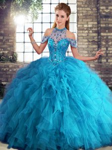  Sleeveless Tulle Floor Length Lace Up Quinceanera Dress in Blue with Beading and Ruffles