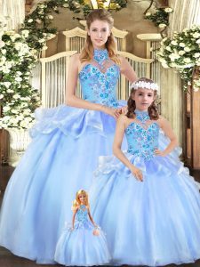 Fantastic Halter Top Sleeveless Organza Quince Ball Gowns Embroidery Lace Up