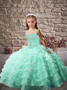 Hot Selling Sleeveless Brush Train Lace Up Beading and Ruffled Layers Little Girls Pageant Gowns