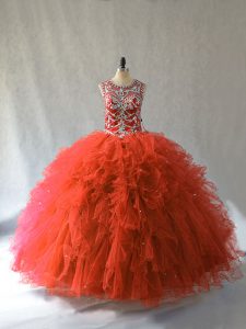 Eye-catching Orange Red Quinceanera Gowns Sweet 16 and Quinceanera with Beading and Ruffles Scoop Sleeveless Lace Up