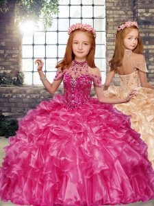 Latest Floor Length Hot Pink Child Pageant Dress High-neck Sleeveless Lace Up