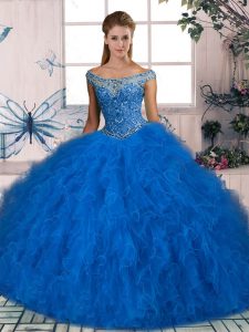  Blue Ball Gowns Off The Shoulder Sleeveless Tulle Lace Up Beading and Ruffles Sweet 16 Dresses