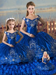  Ball Gowns Sweet 16 Dresses Royal Blue Off The Shoulder Satin and Organza Sleeveless Floor Length Lace Up