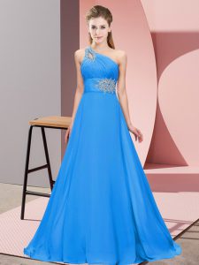 Romantic Sleeveless Chiffon Floor Length Lace Up Prom Gown in Blue with Beading