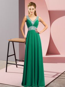 Stunning Empire Prom Dress Dark Green V-neck Chiffon Sleeveless Floor Length Lace Up