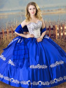  Floor Length Royal Blue Sweet 16 Quinceanera Dress Satin Sleeveless Beading and Embroidery