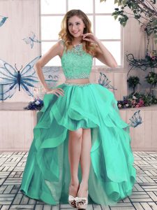  Turquoise Tulle Zipper Scoop Sleeveless High Low Dress for Prom Beading and Lace and Ruffles