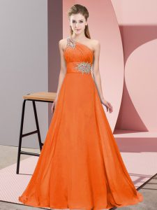 Modern Orange Red Sleeveless Brush Train Beading and Ruching Dress for Prom